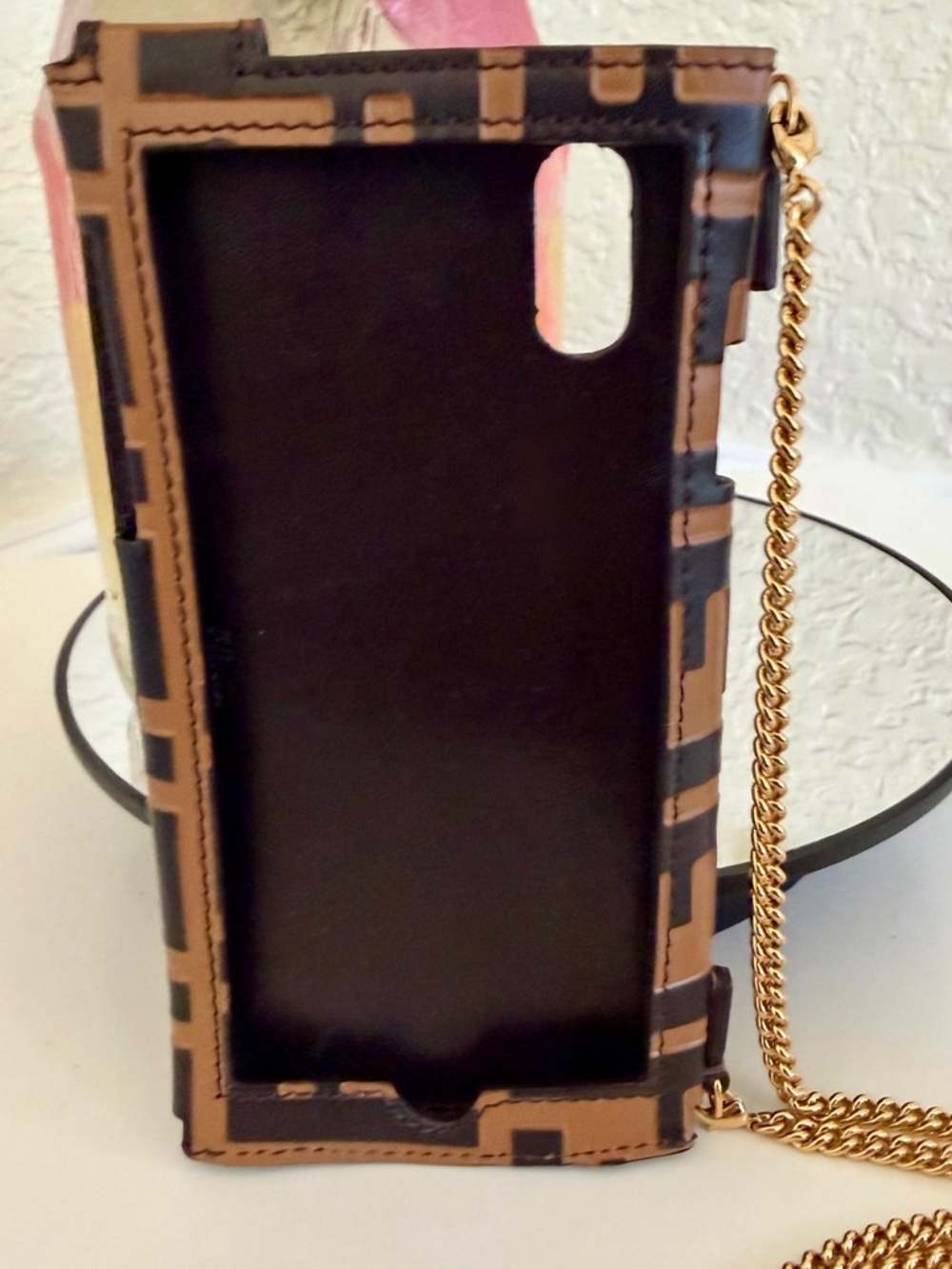 Fendi Brown Black Zucca Leather Bag  iPhone Case Bag Gold Strap X/XS & More - Picture 14 of 15